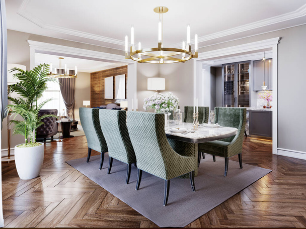 Luxusní trendy jídelna interiér ve stylu art deco, béžový interiér se zeleným nábytkem. Obdélníkový stůl se šesti židlemi. 3D vykreslování. - Fotografie, Obrázek