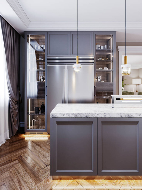 Beyaz mermer tezgahı ve iki bar taburesi olan gri renkli bir odası olan ahşap panellerden oluşan modern bir mutfak adası. Dolu büfe metal buzdolabı, raflarda tabaklar. 3B görüntüleme. - Fotoğraf, Görsel