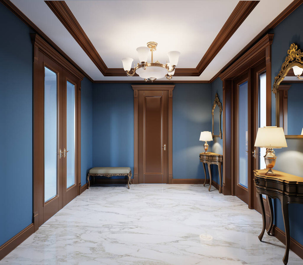 Модный, современный зал в доме в классическом стиле с синими стенами, коричневыми дверями и белым мраморным полом. 3D рендеринг
. - Фото, изображение