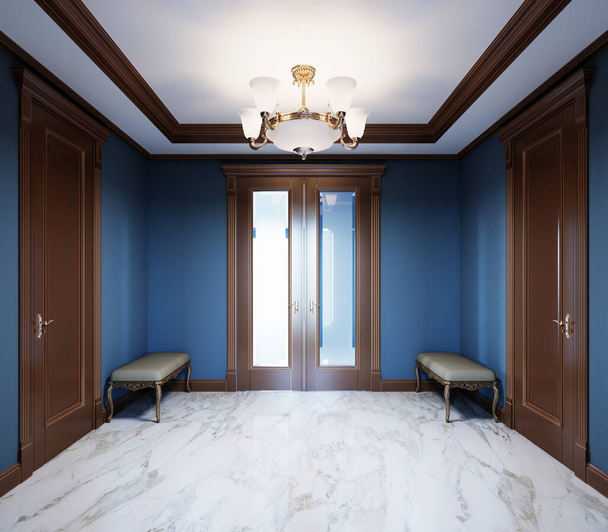 Modna, nowoczesna sala w klasycznym stylu domu z niebieskimi ścianami, brązowymi drzwiami i białą marmurową podłogą. Renderowanie 3D. - Zdjęcie, obraz