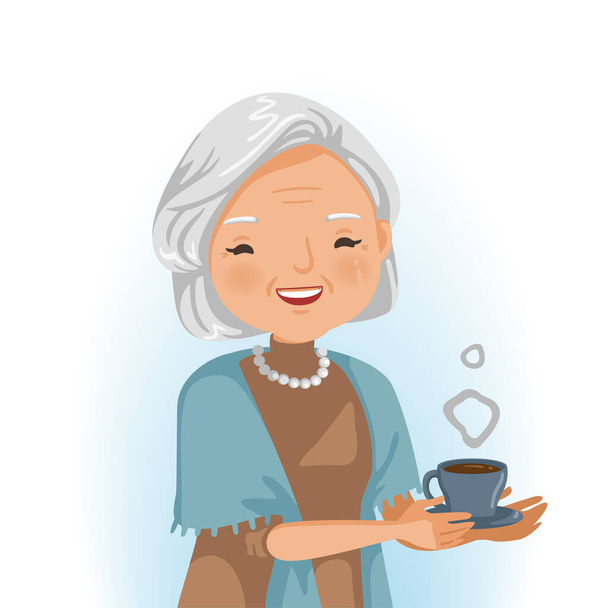 年配の女性が飲む。彼女は熱い飲み物のグラスを持っている。笑顔の先輩。感情をリラックスして美しい祖母の肖像画。引退後のビジネスコンセプト。ベクトル図. - ベクター画像
