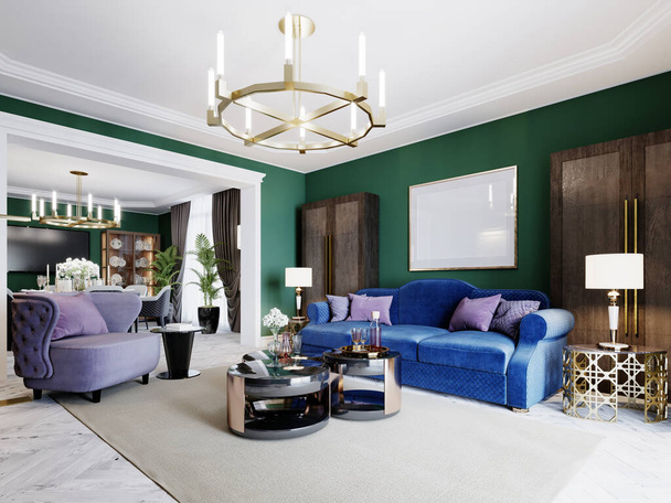 Olohuone art deco tyyliin vihreät seinät ja violetti verhoiltu huonekalut ja kaapit TV-yksikkö. 3D-renderointi. - Valokuva, kuva