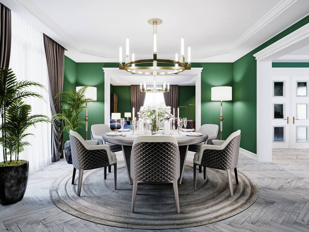 Luxurious dining room in a large house, with a round table for six people. Leather chairs, marble countertops, TV unit, sideboard, green walls. 3D rendering. - Photo, Image