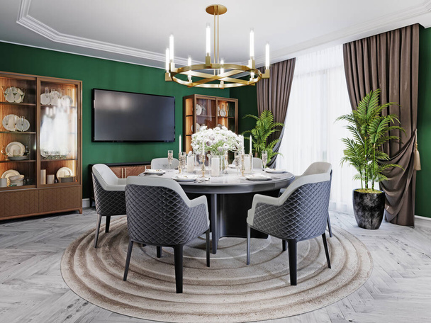 Luksusowa jadalnia w dużym domu, z okrągłym stołem dla sześciu osób. Skórzane krzesła, marmurowe blaty, telewizor, kredens, zielone ściany. Renderowanie 3D. - Zdjęcie, obraz