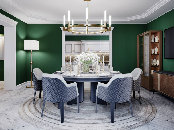 Luxuriöser Speisesaal in einem großen Haus mit rundem Tisch für sechs Personen. Lederstühle, Marmorarbeitsplatten, Fernseher, Sideboard, grüne Wände. 3D-Rendering. - Foto, Bild