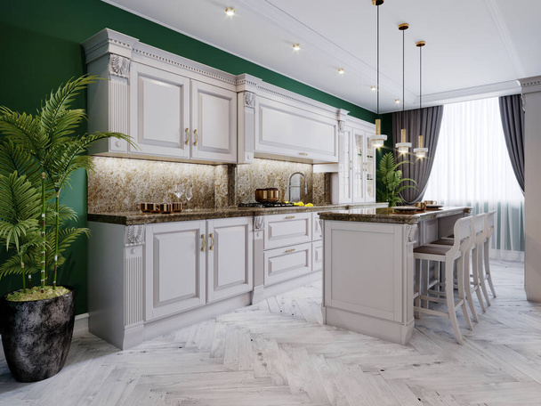 Een klassieke keuken met witte meubels en groene muren en een witte vloer met een plafond, een keukeneiland en een bar met drie stoelen. 3D-weergave. - Foto, afbeelding