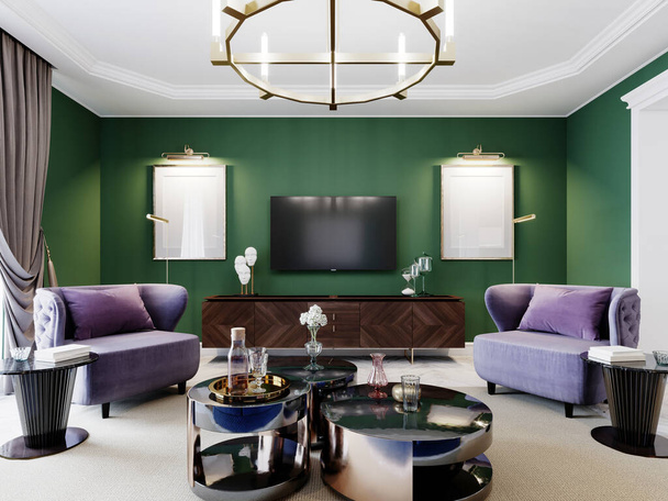 緑の壁と紫色の内装の家具やテレビユニット付きのキャビネットとアートデコスタイルのリビングルーム。3Dレンダリング. - 写真・画像