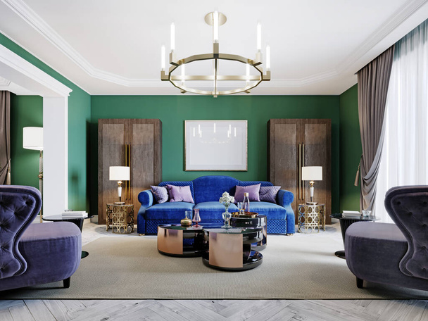 Вітальня в стилі арт-деко з зеленими стінами і фіолетовими м'якими меблями і шафами з телевізором. 3D візуалізація
. - Фото, зображення