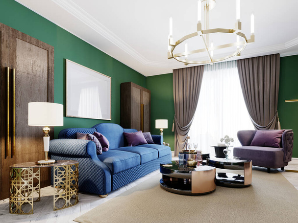 Olohuone art deco tyyliin vihreät seinät ja violetti verhoiltu huonekalut ja kaapit TV-yksikkö. 3D-renderointi. - Valokuva, kuva