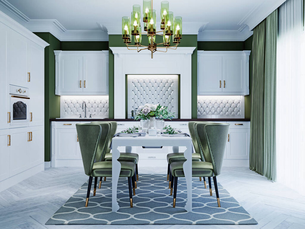 Cocina moderna con muebles blancos y paredes verdes. Renderizado 3D
. - Foto, Imagen