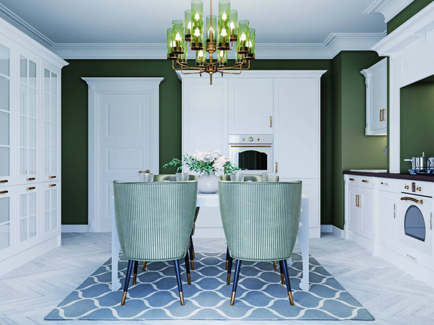 Mutfakta yemek masası beyaz ve yeşil sandalyeli, modern neoklasik tarzda. 3B görüntüleme. - Fotoğraf, Görsel