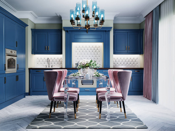 Mavi mobilyaları ve yeşil duvarları olan renkli bir mutfak, yumuşak pembe sandalyeli bir yemek masası. 3B görüntüleme. - Fotoğraf, Görsel