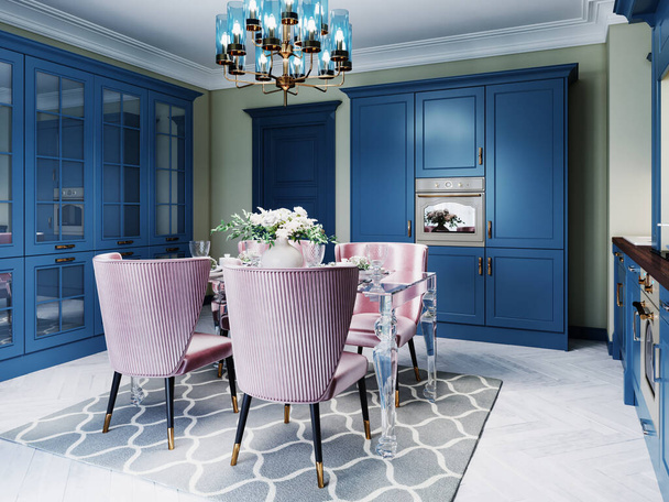 Eine bunte Küche im klassischen Stil mit blauen Möbeln und grünen Wänden, ein Esstisch mit weichen rosa Stühlen. 3D-Rendering. - Foto, Bild