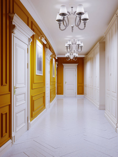 Klasszikus stílusú folyosó narancssárga falakkal, fehér ajtókkal és faborítású falakkal. A festmények a falon. 3D renderelés. - Fotó, kép