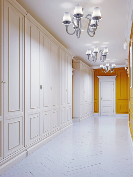 Klasszikus stílusú folyosó narancssárga falakkal, fehér ajtókkal és faborítású falakkal. Két nagy gardrób. A festmények a falon. 3D renderelés. - Fotó, kép