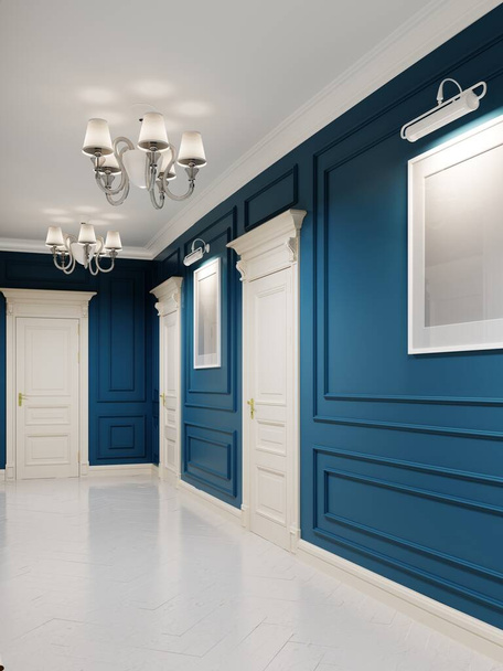 Corredor de estilo clásico con paredes azules y puertas blancas y paredes con paneles de madera. Las pinturas en las paredes. Renderizado 3D
. - Foto, Imagen