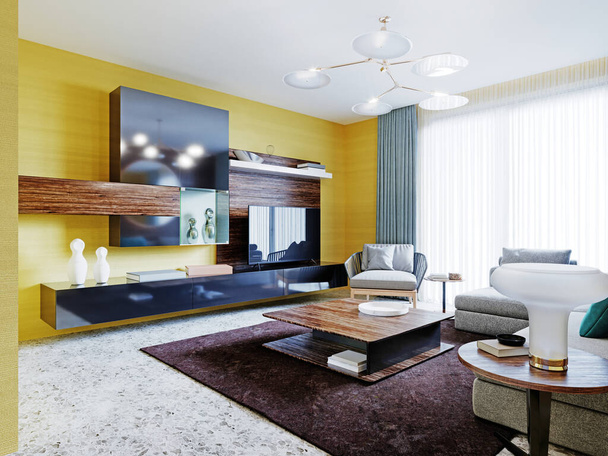 Недавно обставленная гостиная с современной настенной мебелью с телевизором и угловым серым диваном с журнальным столиком. Интерьер квартиры с желтыми стенами и деревянными панелями с круглым зеркалом. 3D рендеринг
. - Фото, изображение