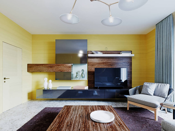 テレビ付きのモダンな壁に取り付けられた家具と、コーヒーテーブル付きのコーナーグレーのソファを備えた新しいデザインのリビングルーム。黄色の壁と丸い鏡を持つ木製のパネルを持つアパートのインテリア。3Dレンダリング. - 写真・画像