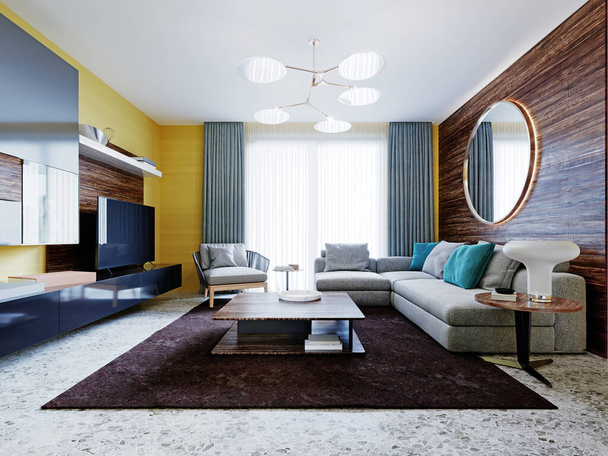 Récemment conçu, le salon comprend un mobilier mural moderne avec une télévision et un canapé gris d'angle avec une table basse. L'intérieur de l'appartement avec des murs jaunes et des panneaux en bois avec un miroir rond. rendu 3D. - Photo, image