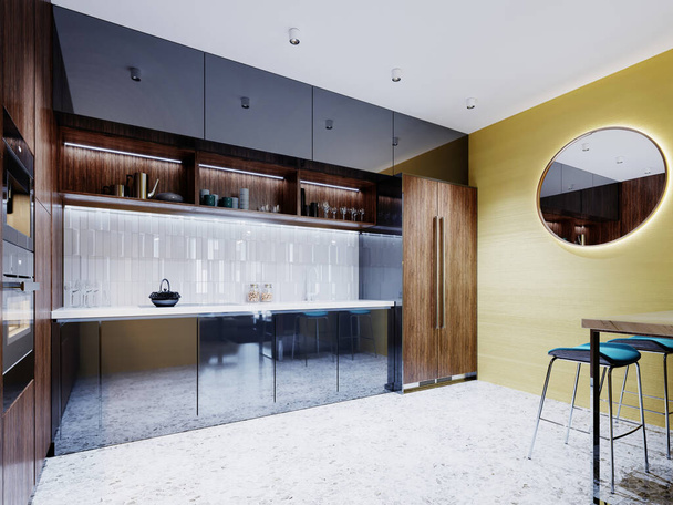 Keltainen keittiö sisustus suuri pyöreä peili seinällä ja nykyaikaiset huonekalut puiset ja teräksiset huonekalut julkisivut. 3D-renderointi. - Valokuva, kuva