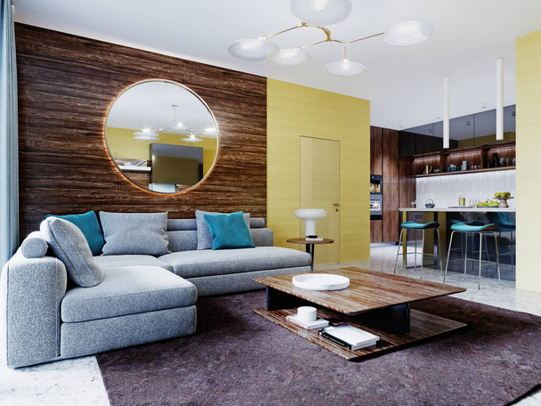 Sala de estar de nuevo diseño con muebles modernos montados en la pared con TV y un sofá gris esquinero con mesa de centro. El interior del apartamento con paredes amarillas y paneles de madera con un espejo redondo. Renderizado 3D
. - Foto, imagen