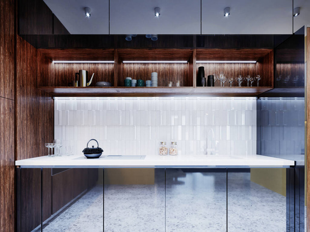 Nykyaikaiset keittiökalusteet ruskea puinen ja harmaa metalli huonekalut julkisivut. 3D-renderointi. - Valokuva, kuva