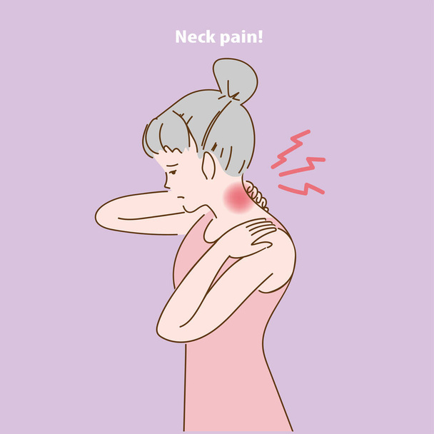 首の痛みの症状を持つ疲れた女性。女の子は手に首を抱えてる。すごく具合が悪い。慢性筋痙攣.骨の問題に神経を使うんだ。オフィス症候群の概念。シンプルな線画手. - ベクター画像