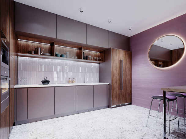 Cucina contemporanea con pareti viola e mobili marroni e grigi, grembiule da cucina in piastrelle ricce. Rendering 3D. - Foto, immagini