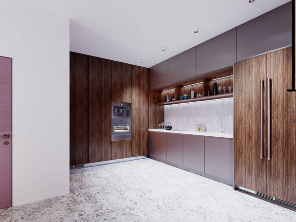 Cucina contemporanea con pareti viola e mobili marroni e grigi, grembiule da cucina in piastrelle ricce. Rendering 3D. - Foto, immagini