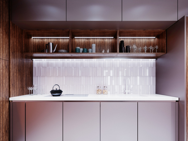 Modern kitchen furniture in brown and white. 3D rendering. - Foto, Imagen