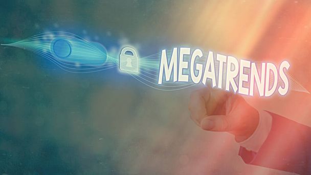 Znak tekstowy pokazujący Megatrends. Koncepcyjne zdjęcie globalne wzorce związane z zachowaniami mobilność i środowisko Grafika kłódka dla systemu aplikacji bezpieczeństwa danych internetowych. - Zdjęcie, obraz
