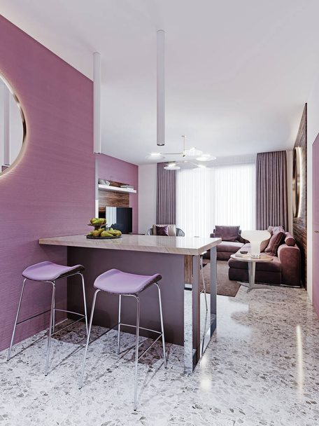 Bar s talířem hrušek a dvěma barovými stoličkami v nedalekých purpurových barvách. 3D vykreslování - Fotografie, Obrázek