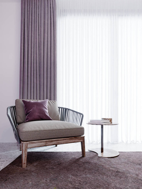 Sillón de moda con una pequeña mesa en un interior de color blanco, púrpura y marrón. Renderizado 3D
. - Foto, Imagen