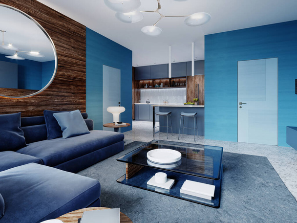 Estúdio interior contemporâneo sala de estar em cores azuis. Renderização 3D
. - Foto, Imagem