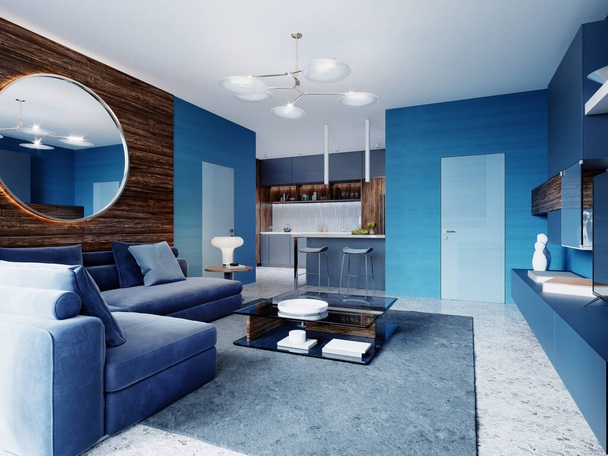Studio contemporain salle de séjour dans des couleurs bleues. rendu 3D. - Photo, image