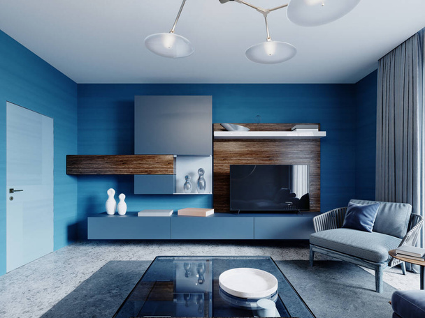 Eigentijdse interieur studio woonkamer in blauwe kleuren. 3D-weergave. - Foto, afbeelding