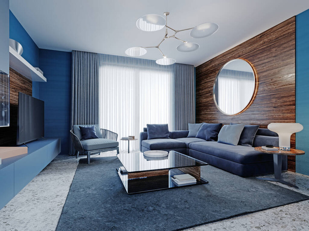 Современный интерьер студии гостиная в голубых тонах. 3D рендеринг
. - Фото, изображение