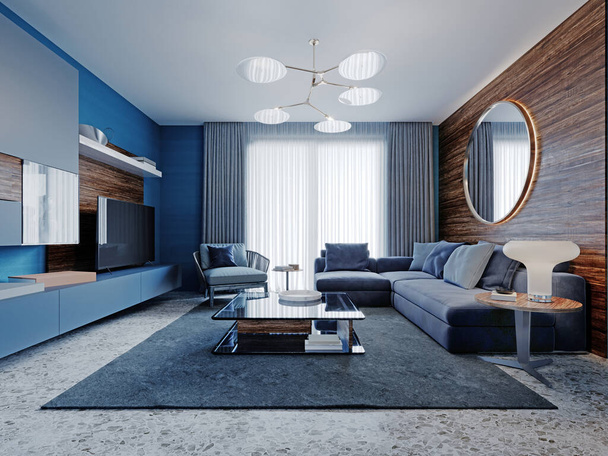 Estudio interior contemporáneo sala de estar en colores azules. Renderizado 3D
. - Foto, Imagen