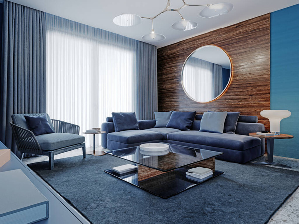 Eigentijdse interieur studio woonkamer in blauwe kleuren. 3D-weergave. - Foto, afbeelding