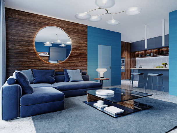 Современный интерьер студии гостиная в голубых тонах. 3D рендеринг
. - Фото, изображение