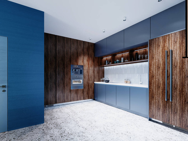 Pequeña cocina de moda con paredes azules y meels de madera azul y marrón. Renderizado 3D
. - Foto, Imagen