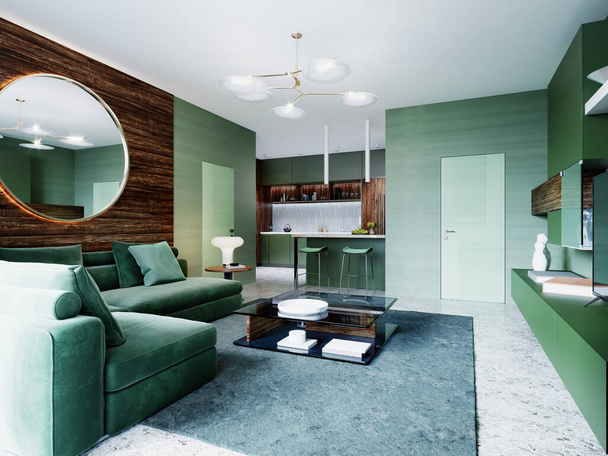 Soggiorno alla moda di colore verde con divano ad angolo e pannelli in legno alle pareti e con uno specchio rotondo con luce. Rendering 3D. - Foto, immagini