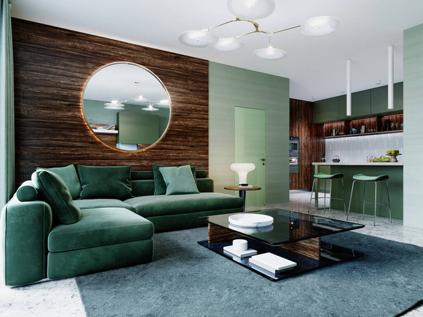 Sala de estar de color verde de moda con sofá esquinero y paneles de madera en las paredes y con un espejo redondo con luz. Renderizado 3D
. - Foto, imagen