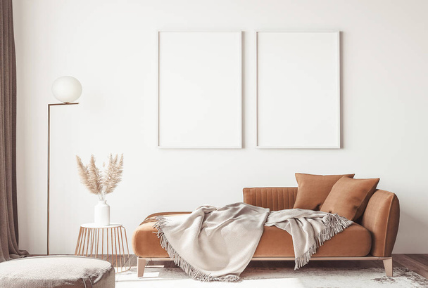 Close up Design de interiores do moderno apartamento escandinavo, sala de estar em cores bege neutro, dois quadros branco simular. Renderização 3D
 - Foto, Imagem