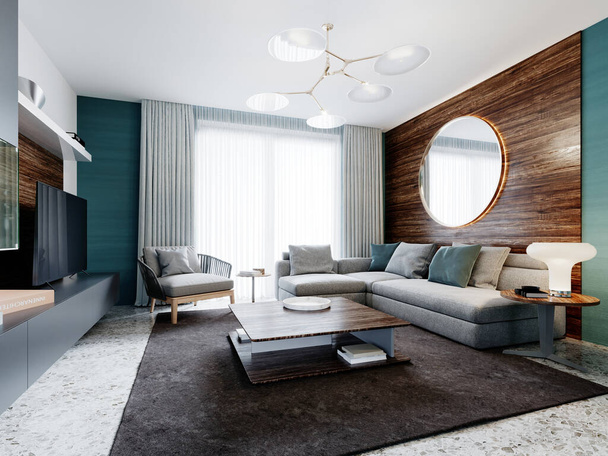 Modernes Wohnzimmer-Studio, Aquamarinwände mit Holzpaneelen und rundem Spiegel, weißes Ecksofa und schwarzer Schrank mit Fernseher. 3D-Rendering. - Foto, Bild