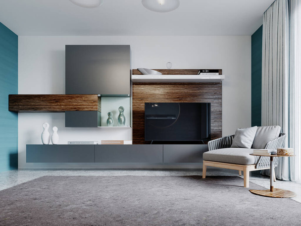 Designermöbel an der Wand im Wohnzimmer mit Fernseher und Dekor. 3D-Rendering. - Foto, Bild