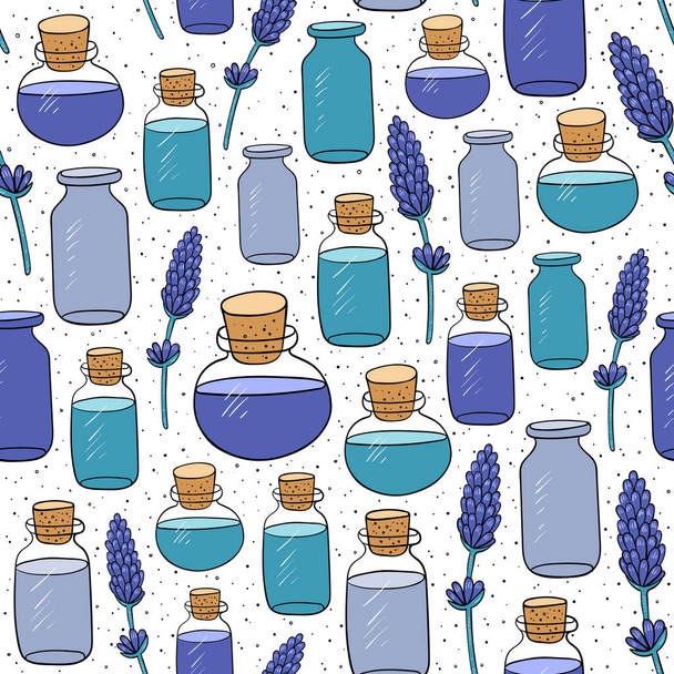 Seamless pattern with lavender flowers and small bottles. Aromatherapy background. - Foto, immagini