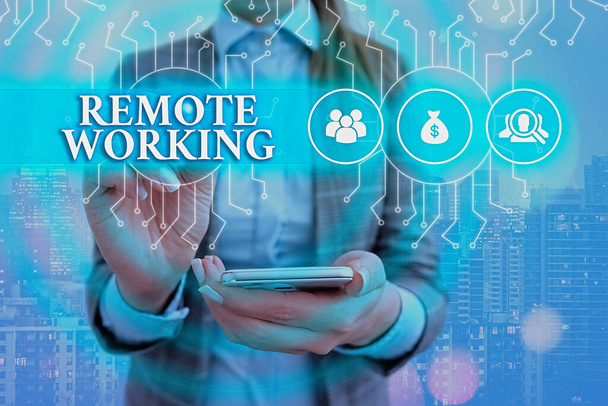 Text sign showing Remote Working. Conceptual photo style that allows professionals to work outside of an office System administrator control, gear configuration settings tools concept. - Photo, Image