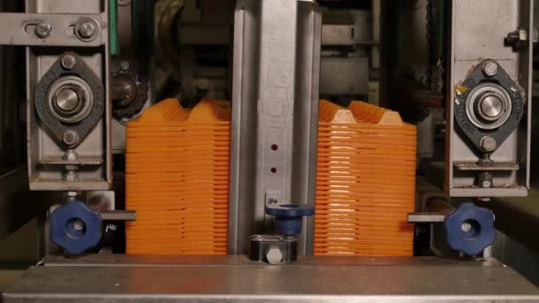 Nahaufnahmen von Haltern von Orangeneiern in der Eierfabrik auf der Hühnerfarm - Filmmaterial, Video