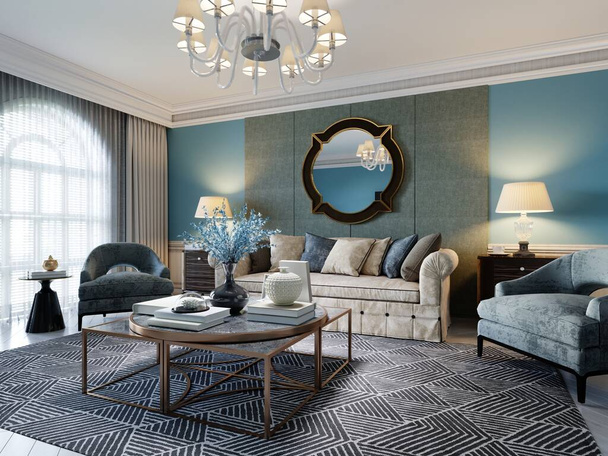 Salon w klasycznym stylu śródziemnomorskim z beżową sofą i dwoma niebieskimi fotelami i niebieskimi ścianami, telewizorem i wystrojem wnętrz. Renderowanie 3D. - Zdjęcie, obraz
